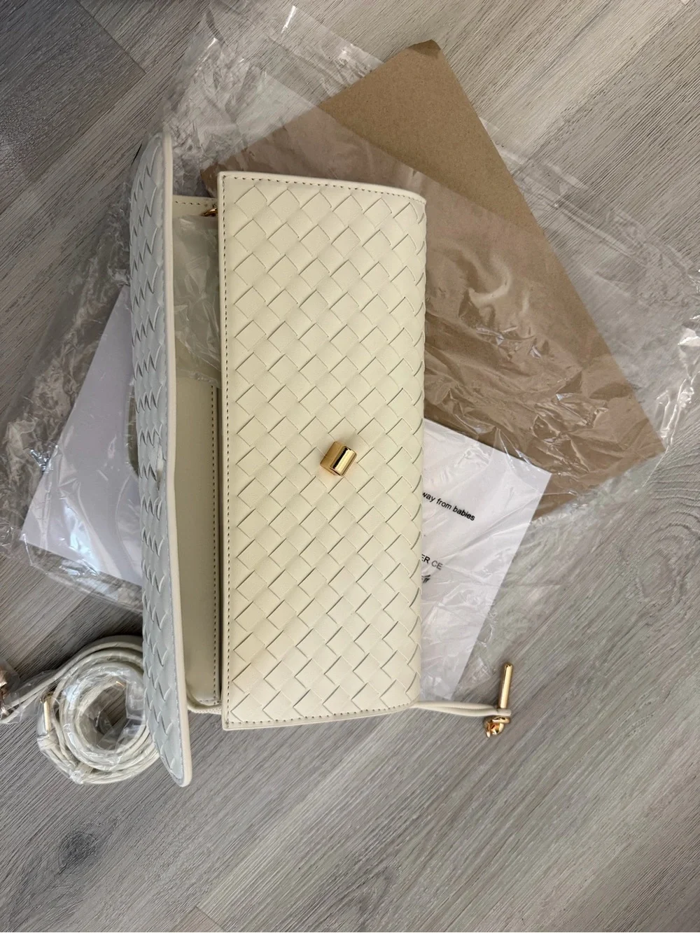 Woven Vegan Leather Clutch Crossbody Bag in Cream with Gold Hardware NWT